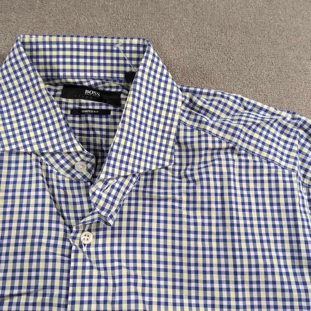 Hugo Boss Shirt Men 41/16 Green Blue Button Up Shaped Fit Long Sleeve Soft
